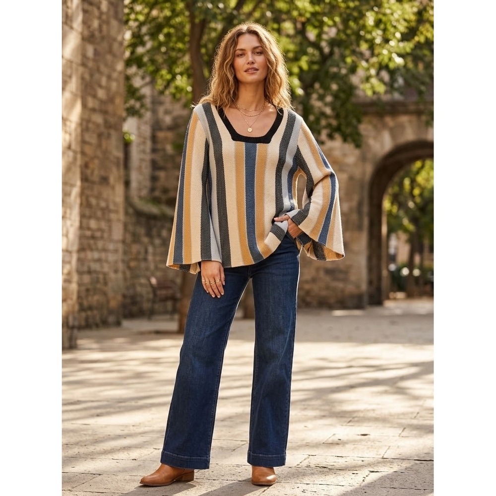 POL Clothing Striped Knit Bell Sleeve Square Neck Sweater Mustard Blue HST106 S